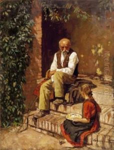 Grandfather And His Grandchild Oil Painting by Tibor Polya