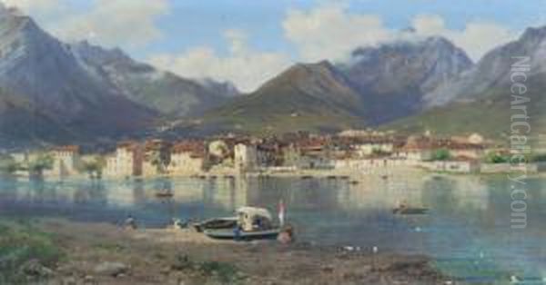 Veduta Di Pescarenico Con Barche In Primo Piano Oil Painting by Silvio Poma