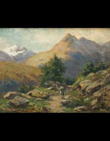 Paesaggio Montano Con Contadina Oil Painting by Silvio Poma