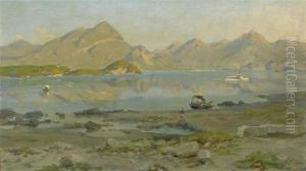 Comersee With Steam Ship, Mountains And Figures On The Beach. Oil Painting by Silvio Poma