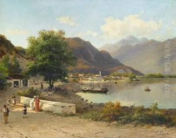 Figures Beside An Italian Lake Oil Painting by Silvio Poma