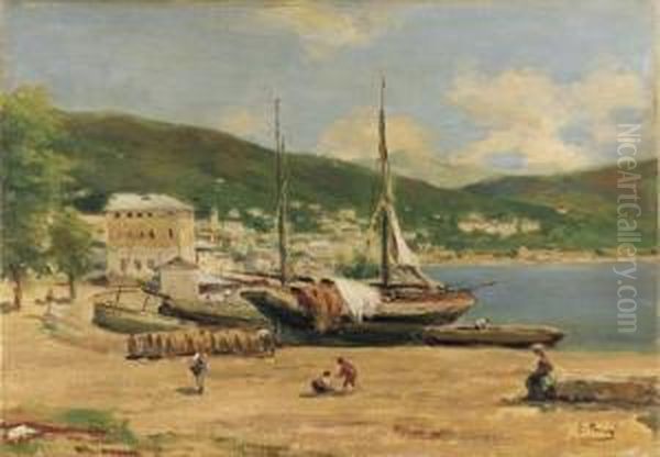 Porto Sul Lago Con Figure Oil Painting by Silvio Poma