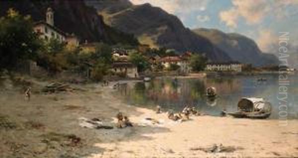 On The Shores Of Lake Lecco Oil Painting by Silvio Poma