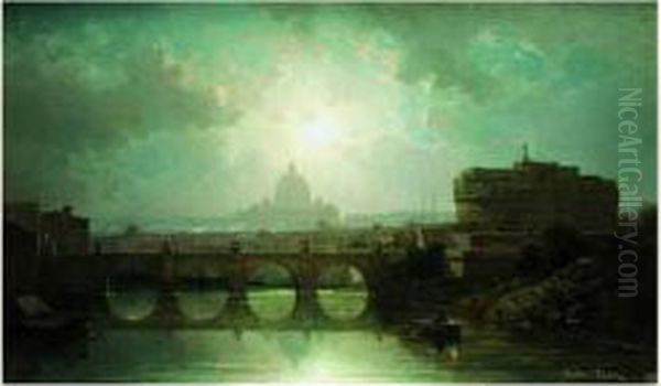 Clair De Lune Sur Le Tibre Avec Le Chateau Saint Ange Et Saint Pierre De Rome Oil Painting by Antoine Ponthus-Cinier