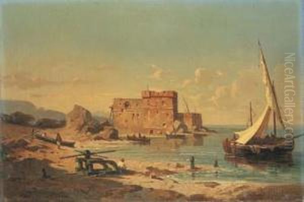 Pecheurs Sur La Cote Napolitaine Oil Painting by Antoine Ponthus-Cinier