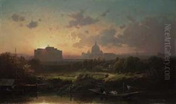 Rome At Sunset With St. Peters And The Castel Sant'angelo Oil Painting by Antoine Ponthus-Cinier