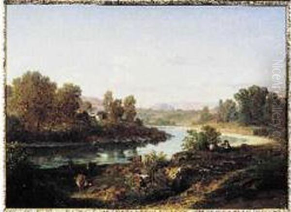 Claude Ponthus Cinier Bord De Riviere Anime Oil Painting by Antoine Ponthus-Cinier