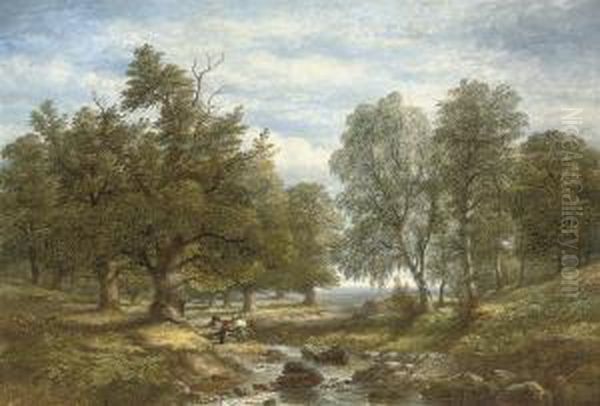 Collecting Firewood Beside A Stream Oil Painting by James Poole