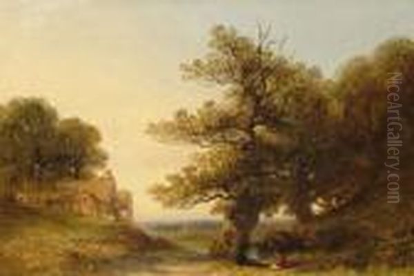 Figures Camped Beneath An Old Oak Tree With Acottage Oil Painting by James Poole