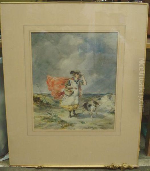 Young Girl Carrying A Basket With A Dog Oil Painting by Paul Falconer Poole