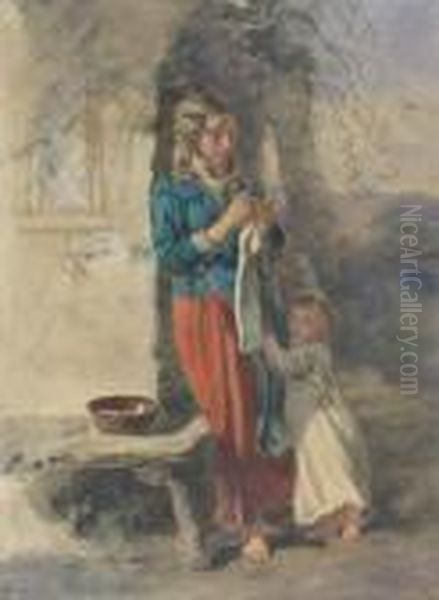 Mother And Daughter By A Cottage Oil Painting by Paul Falconer Poole