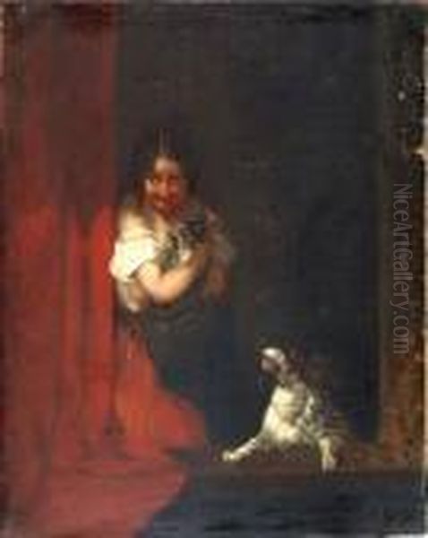 A Girl At A Window With Cat And Dog Oil Painting by Paul Falconer Poole