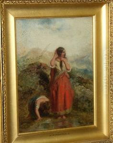 Young Girls Washing Their Hair, Signed And Dated 'p.f. Poole 1859' Oil Painting by Paul Falconer Poole