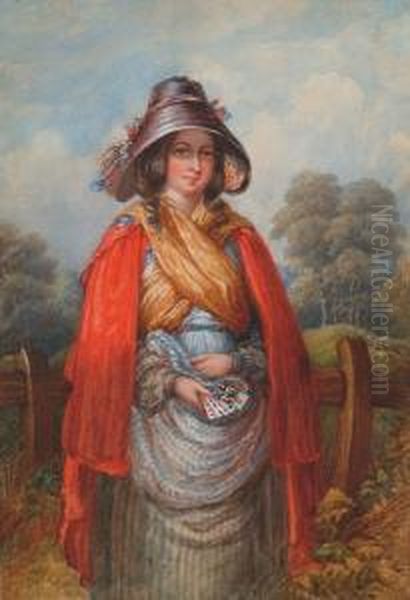 A Young Lady In A Landscape With A Handful Of Playing Cards Oil Painting by Paul Falconer Poole