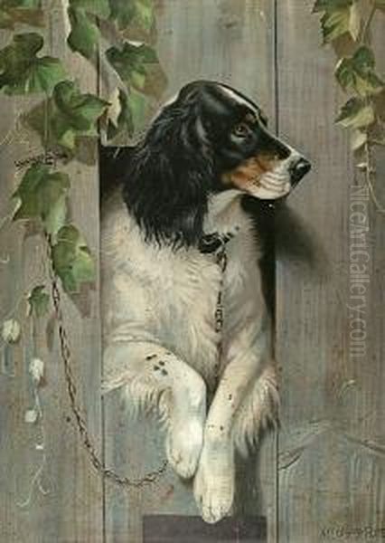 Dog Looking Through A Fence Chromolithograph On Tin Oil Painting by Alexander Pope