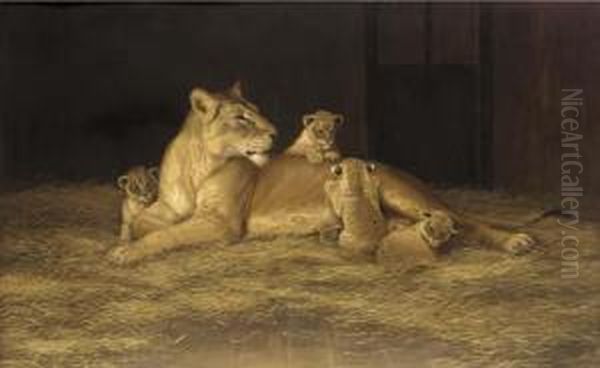 Lioness And Her Cubs Oil Painting by Alexander Pope