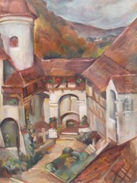 The Inner Yard Of Bran Castle Oil Painting by Elena Popea