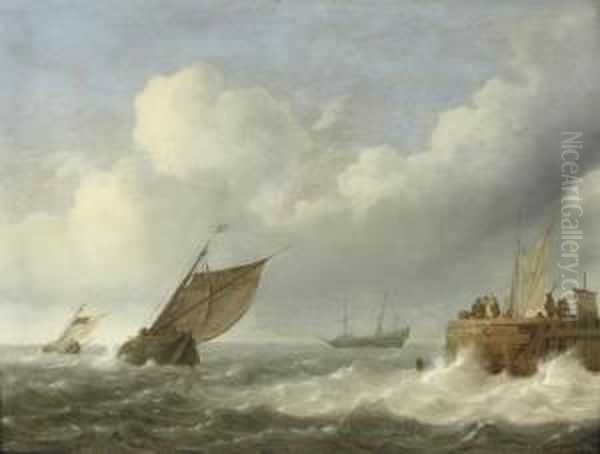 Sailing Vessels In Choppy Waters With Figures On A Quaynearby Oil Painting by Jan Porcellis