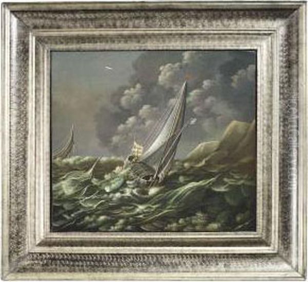 Ships On Stormy Sea Oil Painting by Jan Porcellis