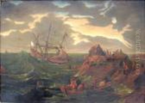 Dutch Coastal Scene Figures, Skiff And Striken Vessel Oil Painting by Jan Porcellis