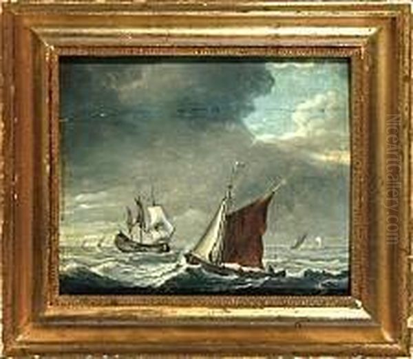 Two Marines With Sailing Ships On Open Sea Oil Painting by Jan Porcellis