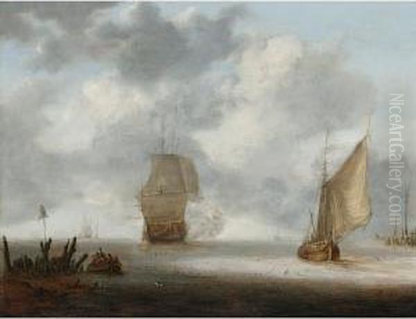 A Calm Sea With A Man Of War And A Fishing Boat Oil Painting by Jan Porcellis