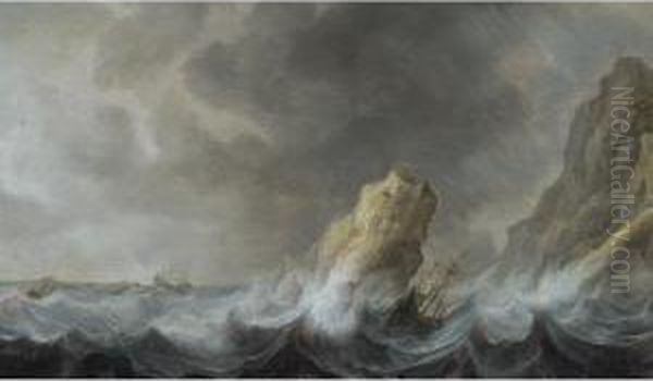 A Coastal Scene With A Ship Caught In Stormy Seas Oil Painting by Jan Porcellis