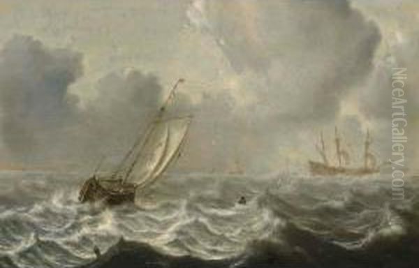 A Smallschip And A Frigate In Stormy Waters Oil Painting by Jan Porcellis