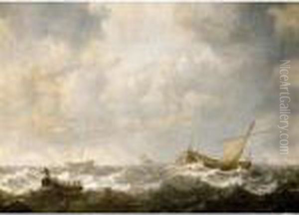 A Rowing Boat, A Small Sailing Vessel And Other Ships In Heavy Seas Oil Painting by Jan Porcellis