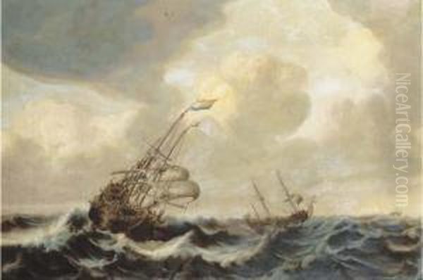 A Dutch Three-master And Other Shipping In A Stiff Breeze At Opensea Oil Painting by Jan Porcellis