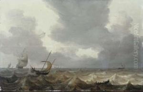 A Fishing Boat And A Rowing Boat In Choppy Waters, A Dutchthree-master In The Distance Oil Painting by Jan Porcellis