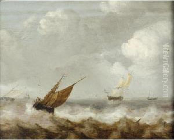 A Seascape With Dutch Shipping Off The Coast Oil Painting by Jan Porcellis