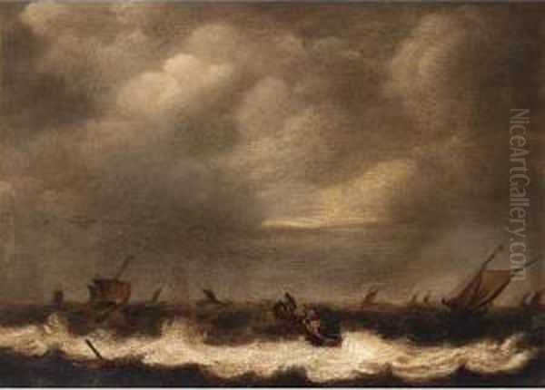 Several Ships In Stormy Seas And A Rowing Boat In The Centre Oil Painting by Jan Porcellis