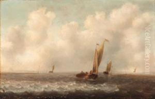 A Dutch Kaag And Other Shipping In Choppy Seas Oil Painting by Jan Porcellis