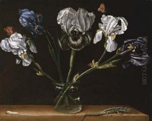 Irises In A Glass Jar, A Lizard And A Caterpillar On A Tabletop Oil Painting by Paolo Porpora