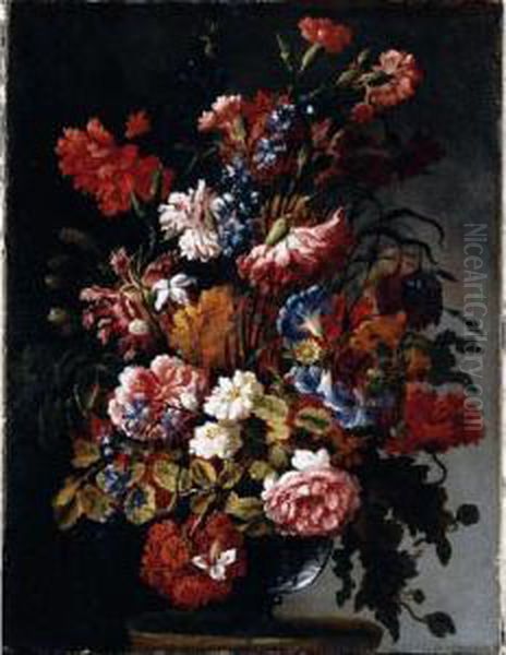 A Still Life Of Poppies, 
Convolvulus, Roses, Fritillaries, Nasturtiums And Jasmine In A Glass 
Vase, Resting On A Stone Ledge Oil Painting by Paolo Porpora