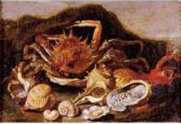 Still Life Of A Crab, Shells And Coral In A Landscape Oil Painting by Paolo Porpora