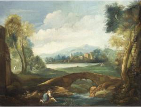 Paesaggio Con Contadina Che Lava Presso Un Fiume Oil Painting by Tommaso Porta