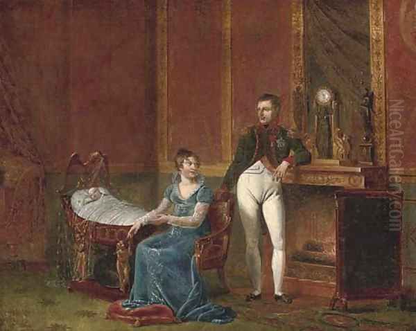 Napoleon and Marie-Louise by the fireside with the infant Napoleon II Oil Painting by Jacques Louis David