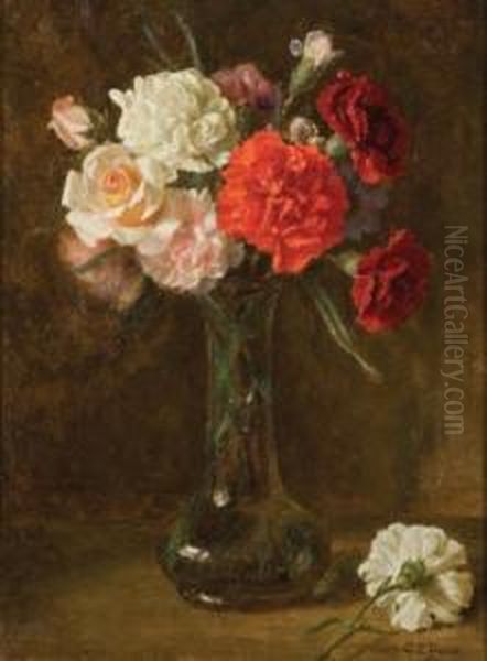 Carnations And Roses In A Glass Vase Oil Painting by Charles Ethan Porter