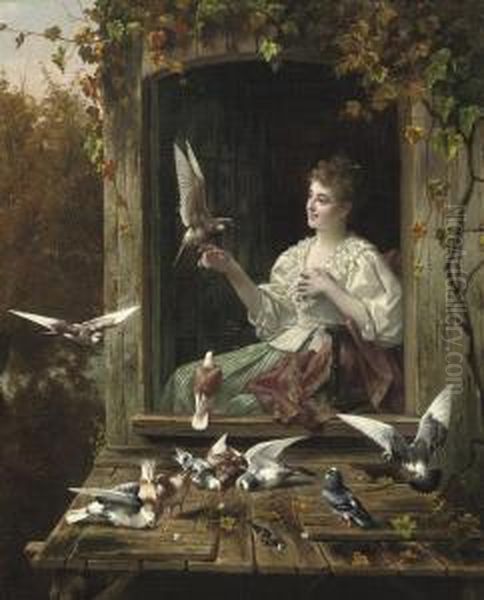 Feeding The Birds Oil Painting by Jan Frederik Pieter Portielje