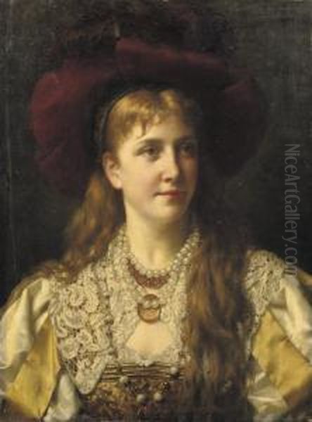 Elegant Lady Wearing A Pearl Necklace Oil Painting by Jan Frederik Pieter Portielje