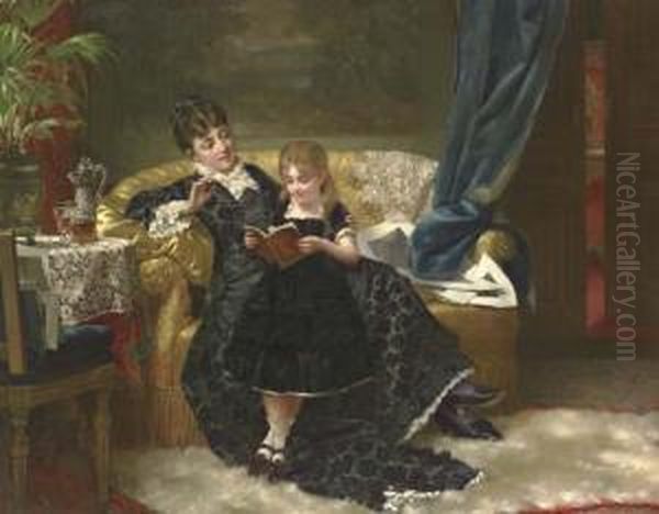 Reading Together Oil Painting by Jan Frederik Pieter Portielje