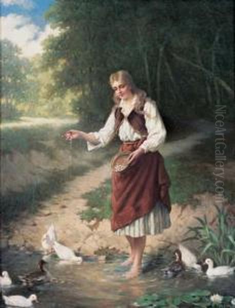 Feeding Her Pets Oil Painting by Jan Frederik Pieter Portielje