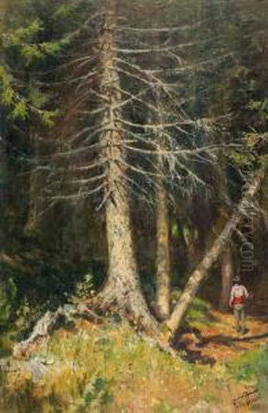 Waldstuck Mit Einsamem Mann. Oil Painting by Felix Possart