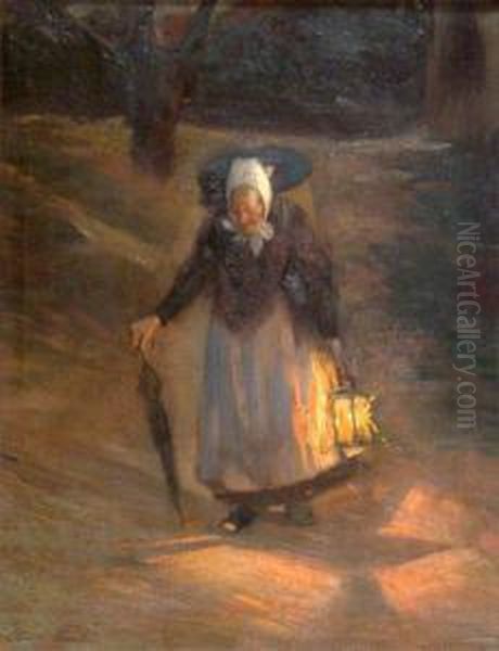 Heimkehrende Bauerin Mit Laterne Oil Painting by Rudolf Possin