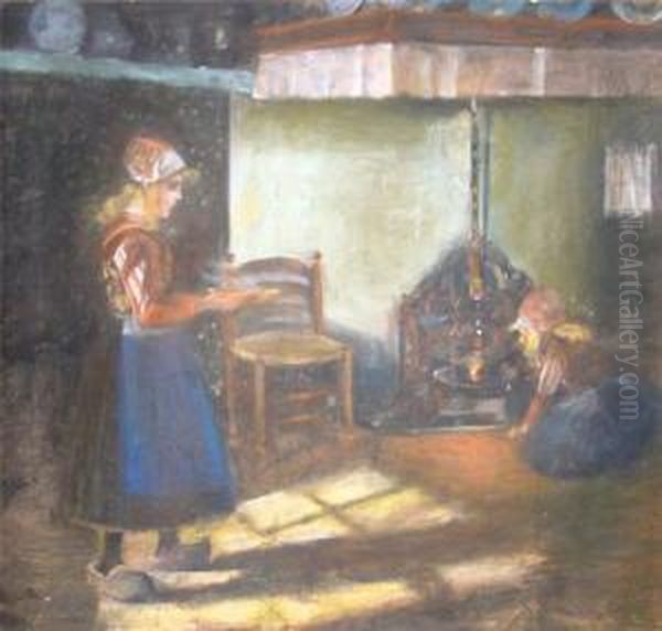 Hollandisches Stubeninterieur Mit Mutter Und Tochter Bei Der Teezubereitung Oil Painting by Rudolf Possin