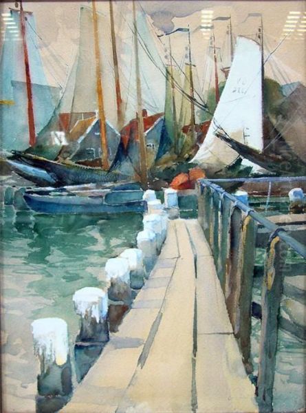 Bootssteg Mit Ankernden Segelbooten Oil Painting by Rudolf Possin