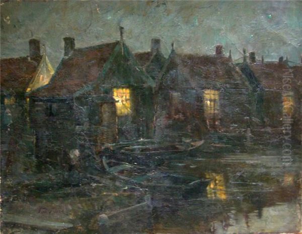 Nachtliche Ansicht Eines Fischerdorfes Oil Painting by Rudolf Possin