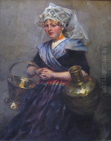 Young Girl With Copper Vessels Oil Painting by Rudolf Possin